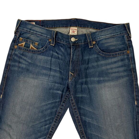 True Religion Bobby Jeans Mens 42x32 Blue Straight Leg Embroidered 100& Cotton - Picture 3 of 12